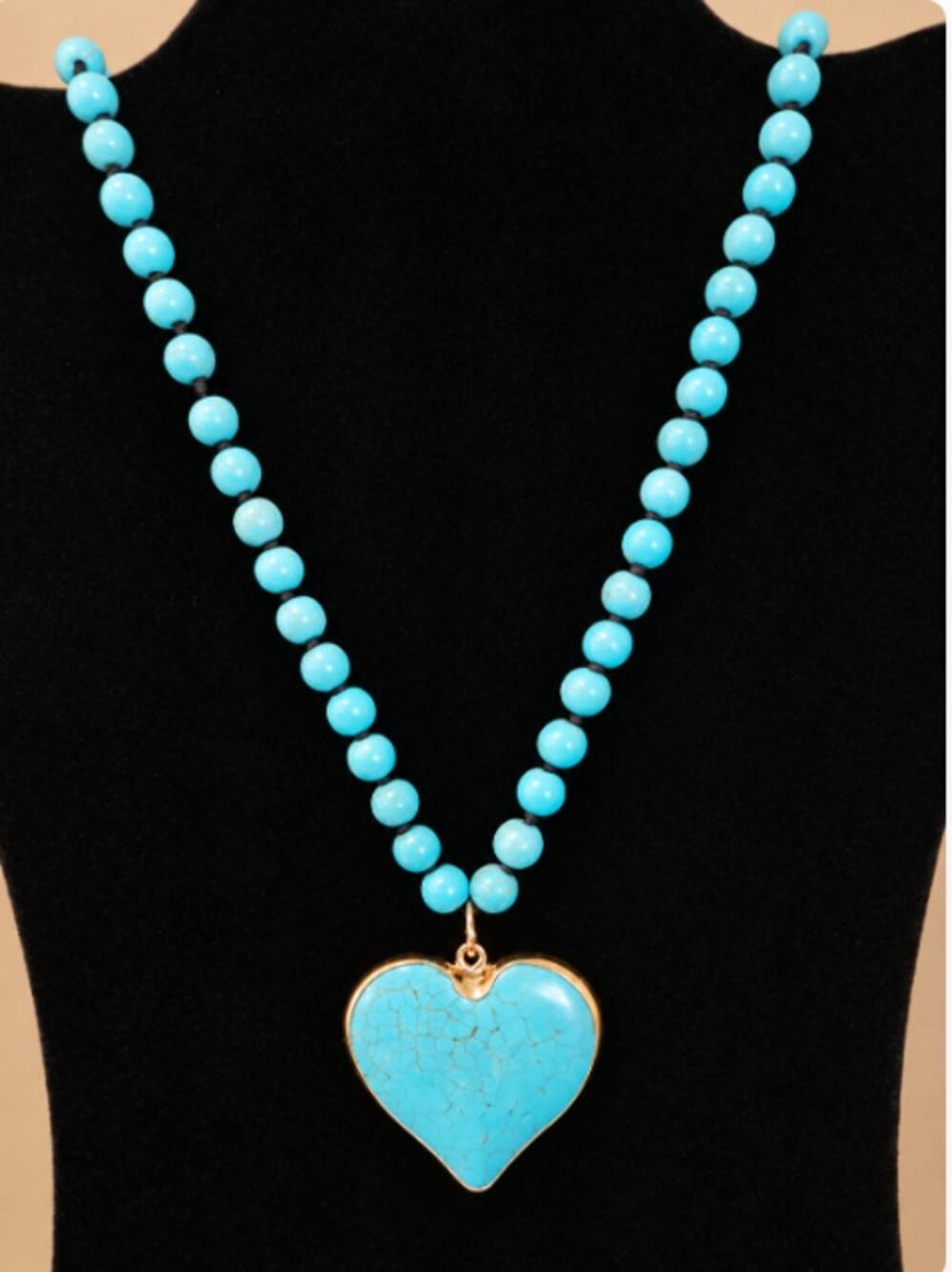 Faux Turquoise Beaded Necklace with Large Heart Pendant with Metallic Border